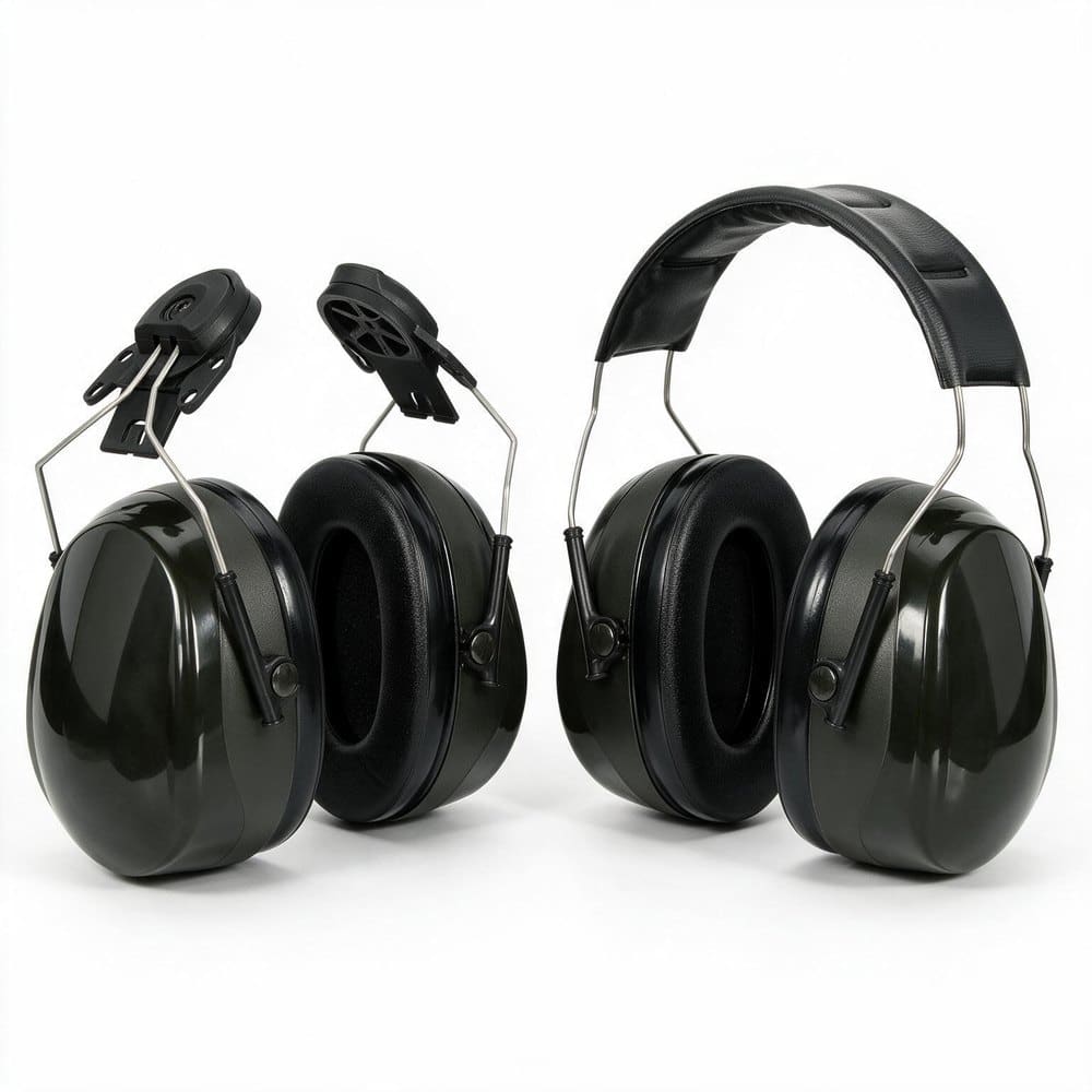 Chụp tai 3M Peltor bản gắn mũ cứng đặt cạnh bản đeo qua đầu trên nền studio trắng