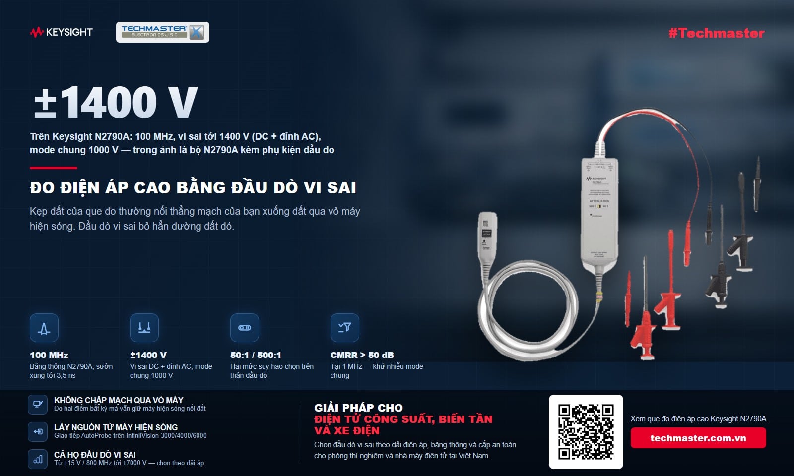 Đo điện áp cao bằng đầu dò vi sai Keysight N2790A 100 MHz, vi sai tới 1400 V