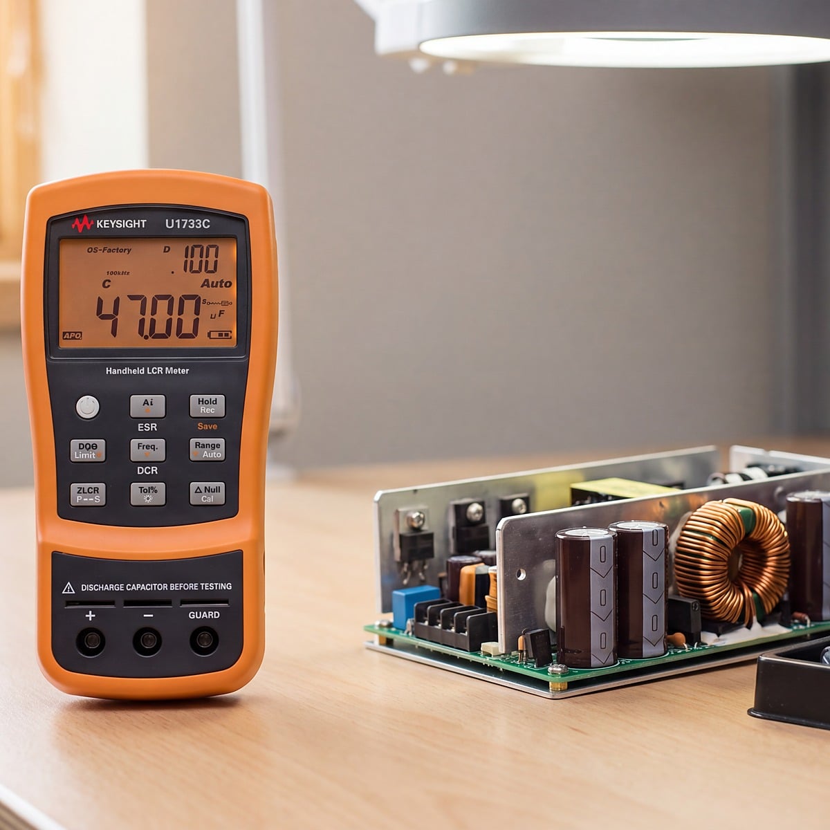 Máy đo LCR cầm tay Keysight U1733C bên cạnh bo mạch nguồn xung có tụ hóa nhôm