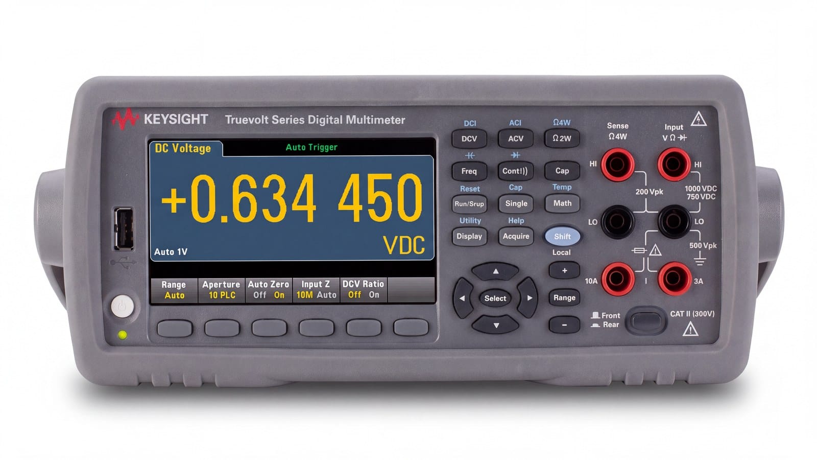 Mặt trước đồng hồ vạn năng Keysight 34461A với các phím DCV ACV DCI ACI và cọc đấu