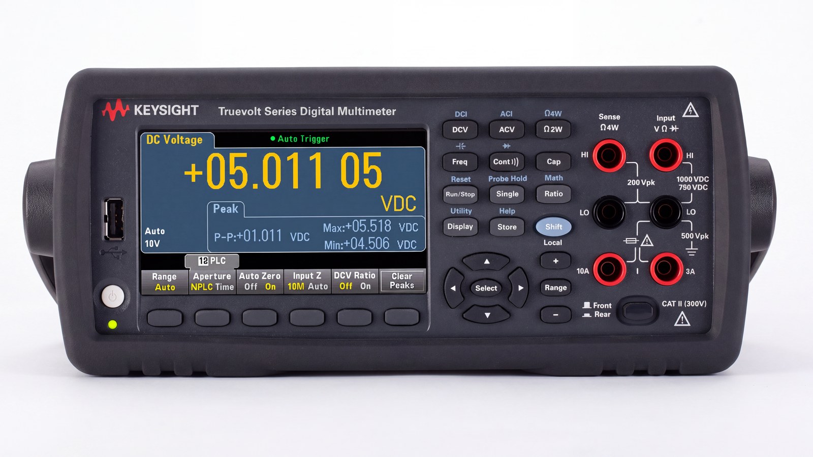 Mặt trước đồng hồ vạn năng Keysight 34465A với các cọc đấu đo và phím chức năng