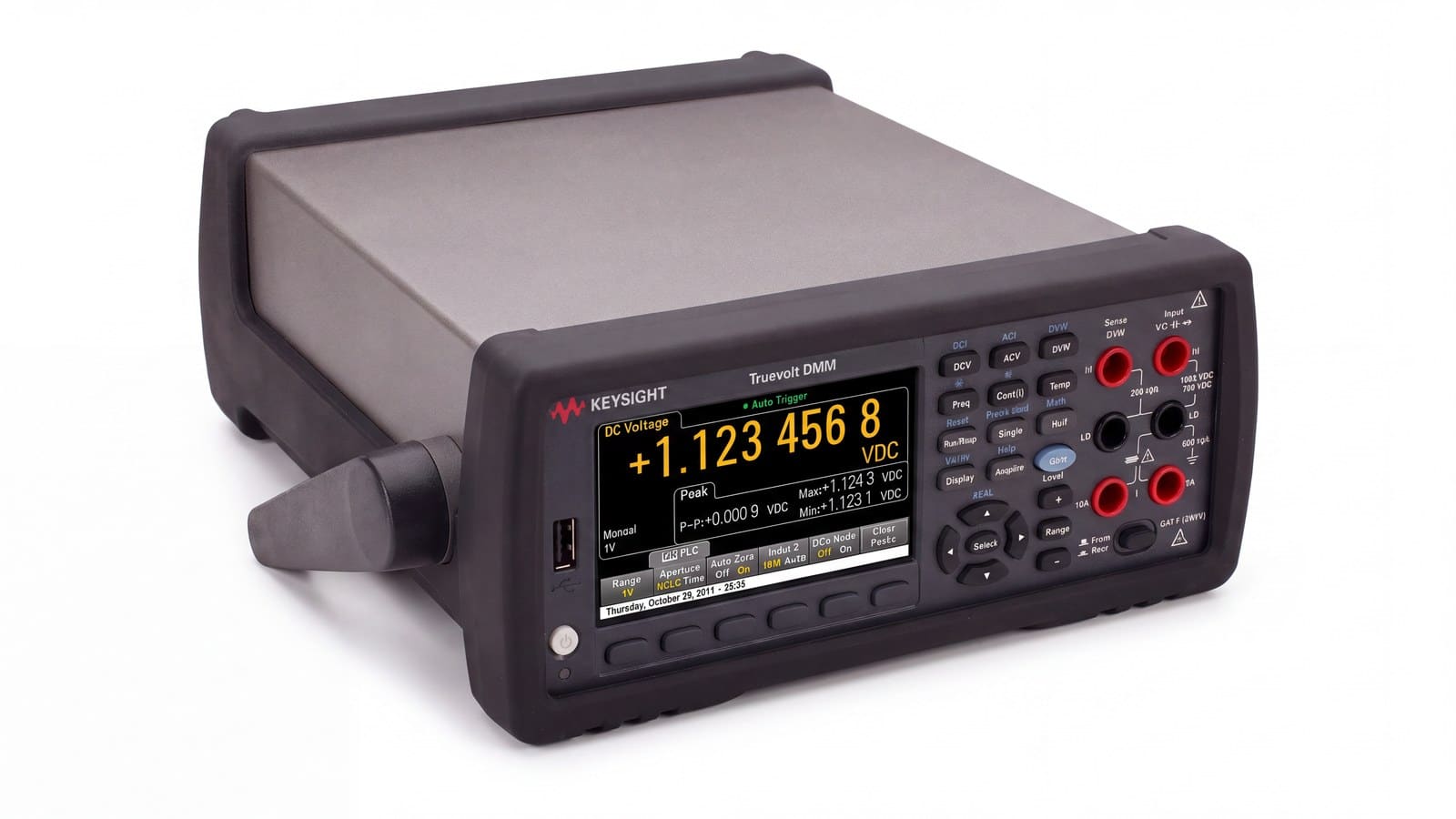 Đồng hồ vạn năng Keysight 34470A nhìn nghiêng thấy thân máy và tay xách