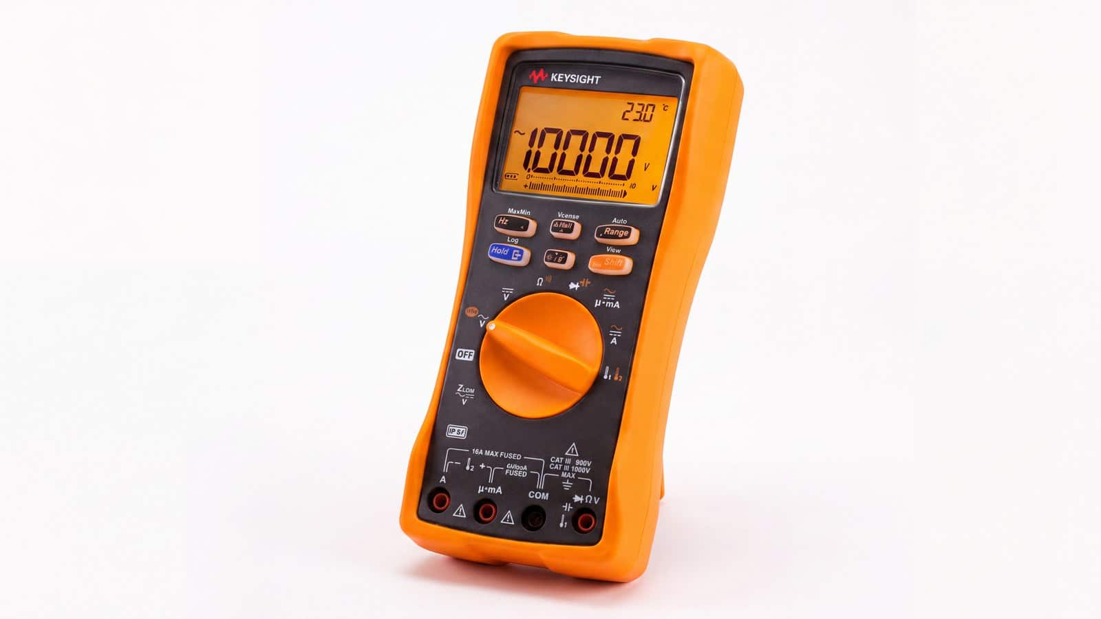 Keysight U1242C góc phối cảnh cho thấy núm xoay chọn chức năng và các cọc cắm que đo