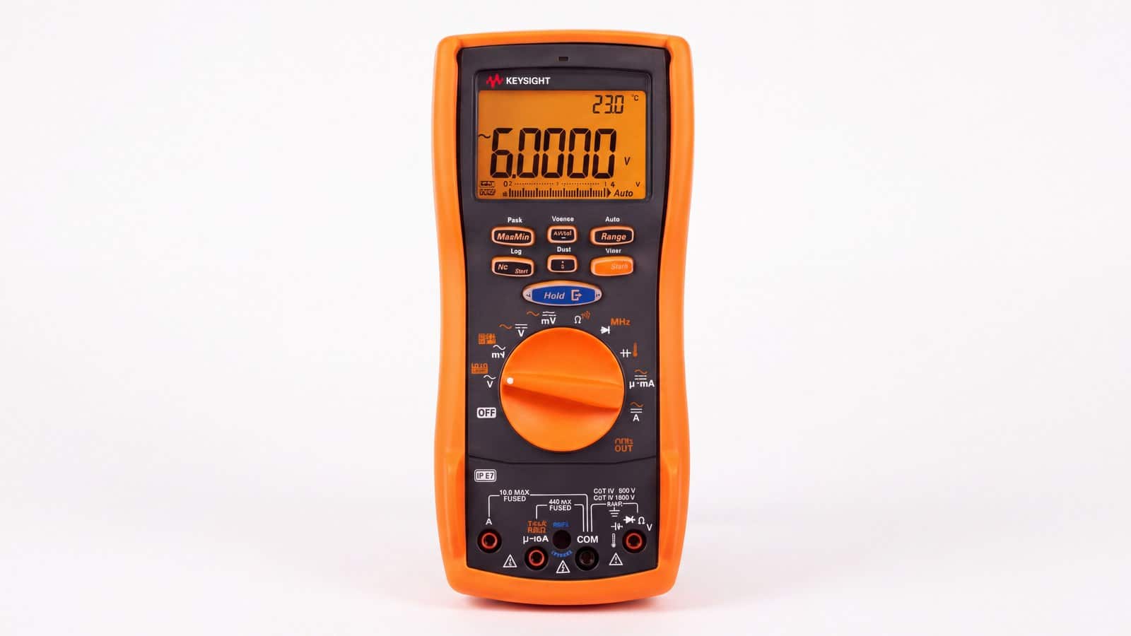 Mặt trước đồng hồ vạn năng Keysight U1282A với màn hình 60.000 count và núm xoay chọn chức năng
