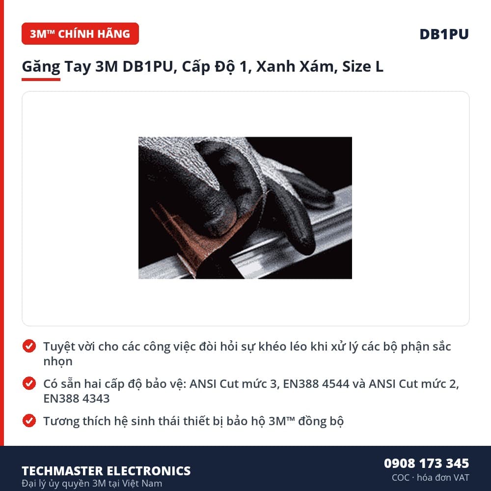 Găng Tay 3M DB1PU, Cấp Độ 1, Xanh Xám, Size L – đặc điểm & thông số chính