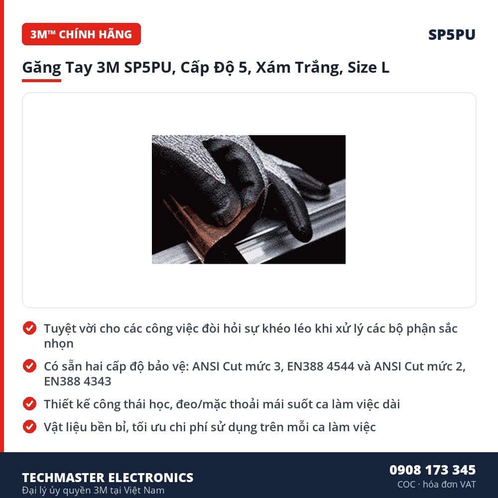 Găng Tay 3M SP5PU, Cấp Độ 5, Xám Trắng, Size L – đặc điểm & thông số chính