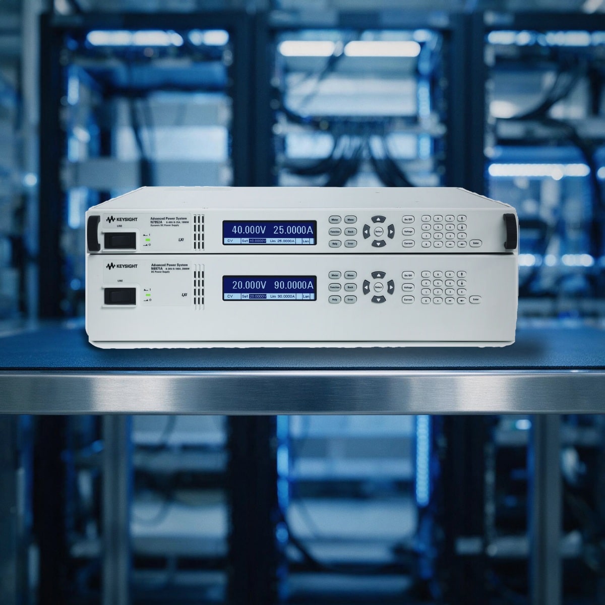 Hệ nguồn APS Keysight N7952A 1U xếp trên N6971A 2U trên bàn thử nghiệm trong phòng đo