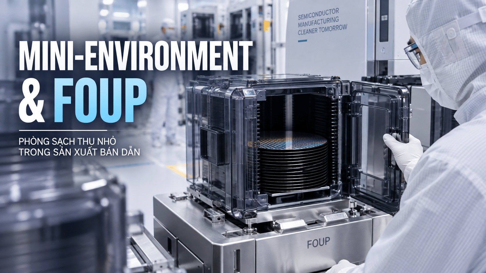Alt text: Hộp chứa wafer FOUP kết nối với hệ thống mini-environment nhằm kiểm soát hạt tiểu phân trong sản xuất bán dẫn