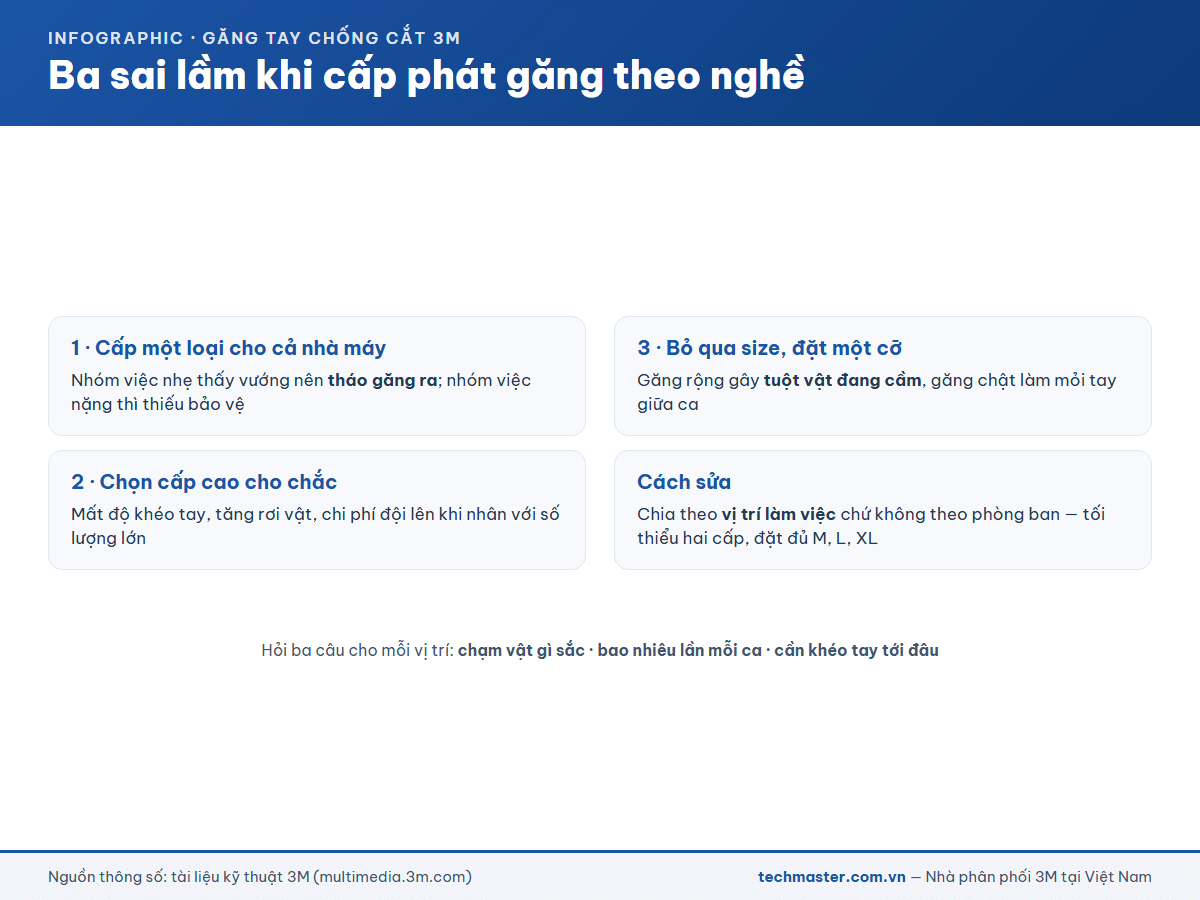 Infographic ba sai lầm thường gặp khi cấp phát găng tay chống cắt theo nghề