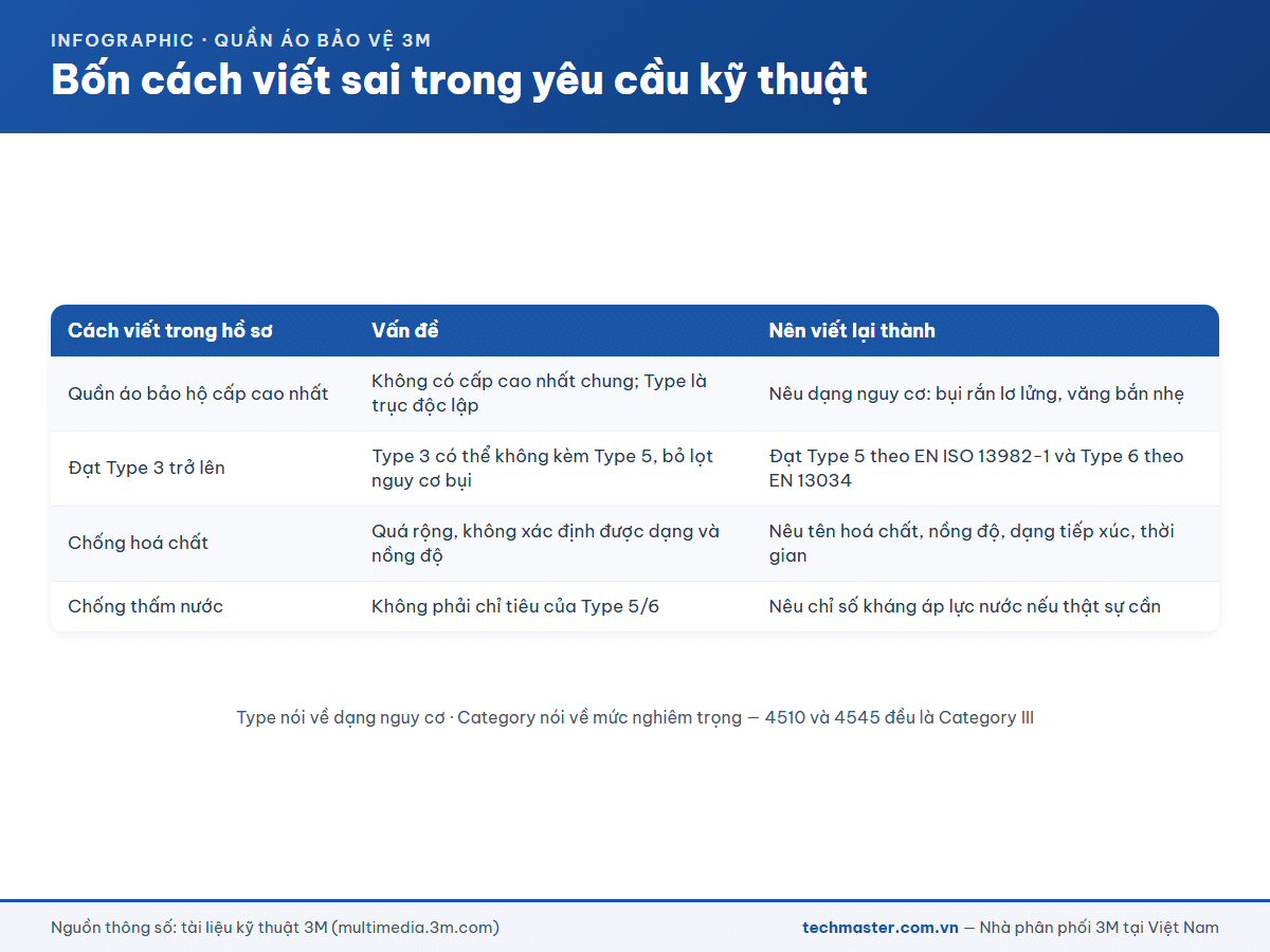 Infographic bốn cách viết sai yêu cầu kỹ thuật quần áo bảo hộ trong hồ sơ