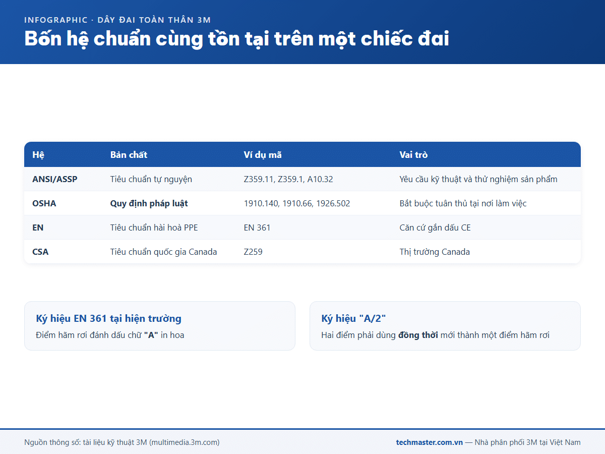 Infographic bốn hệ chuẩn ANSI, OSHA, EN và CSA áp dụng cho dây đai 3M