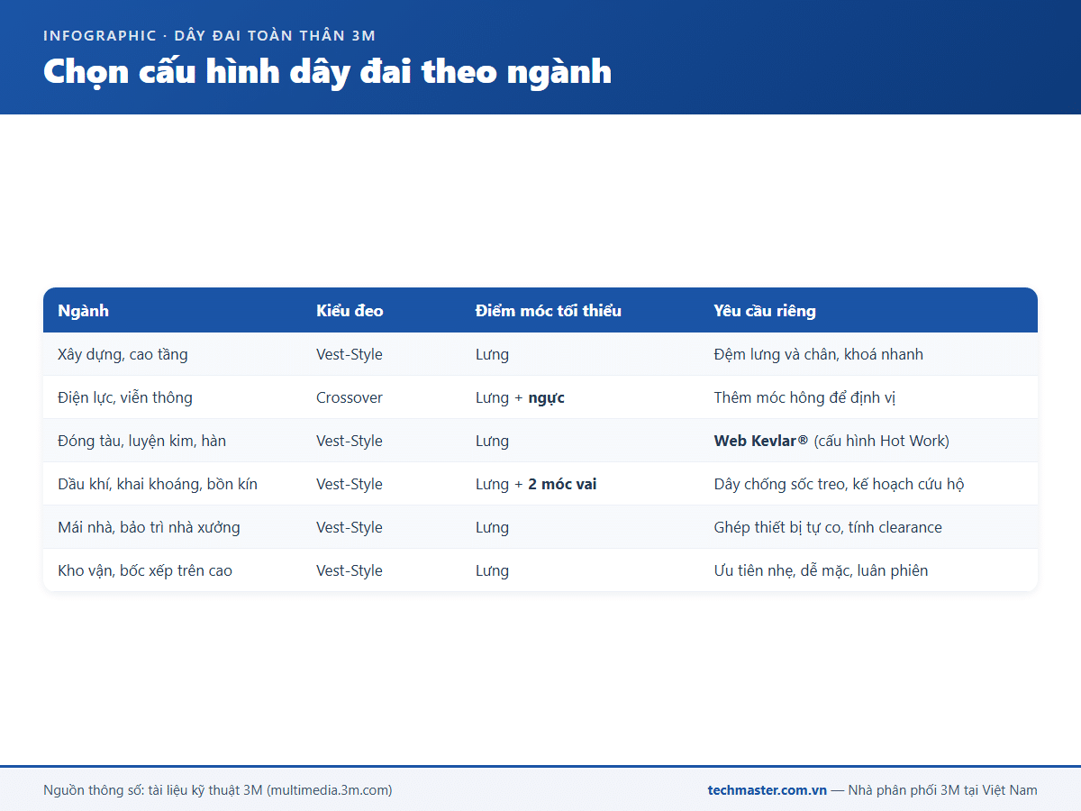 Infographic chọn cấu hình dây đai an toàn toàn thân 3M theo từng ngành