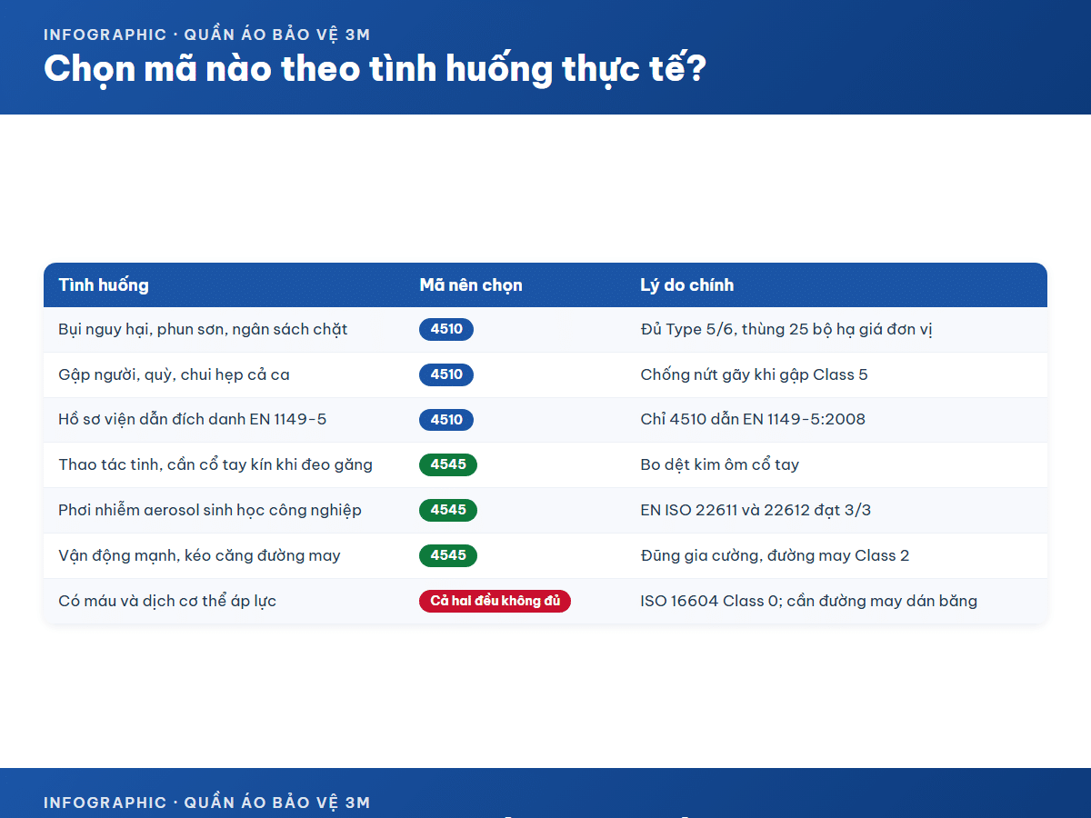 Infographic chọn mã quần áo bảo hộ 3M 4510 hay 4545 theo tình huống thực tế