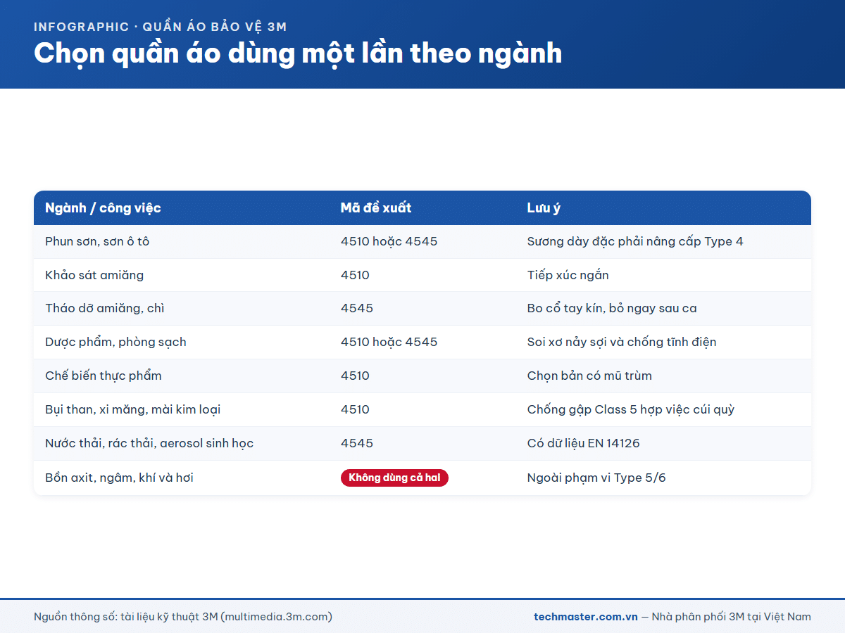 Infographic chọn quần áo bảo hộ dùng một lần 3M theo từng ngành sản xuất