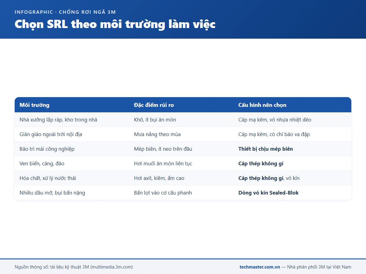 Infographic chọn dây cứu sinh tự co 3M theo môi trường làm việc
