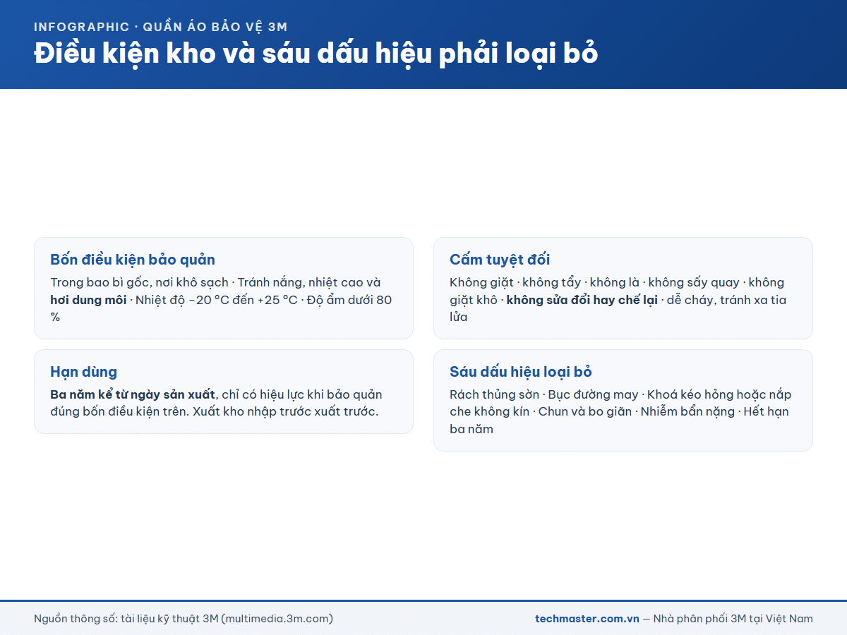 Infographic điều kiện bảo quản và sáu dấu hiệu phải loại bỏ quần áo bảo hộ 3M