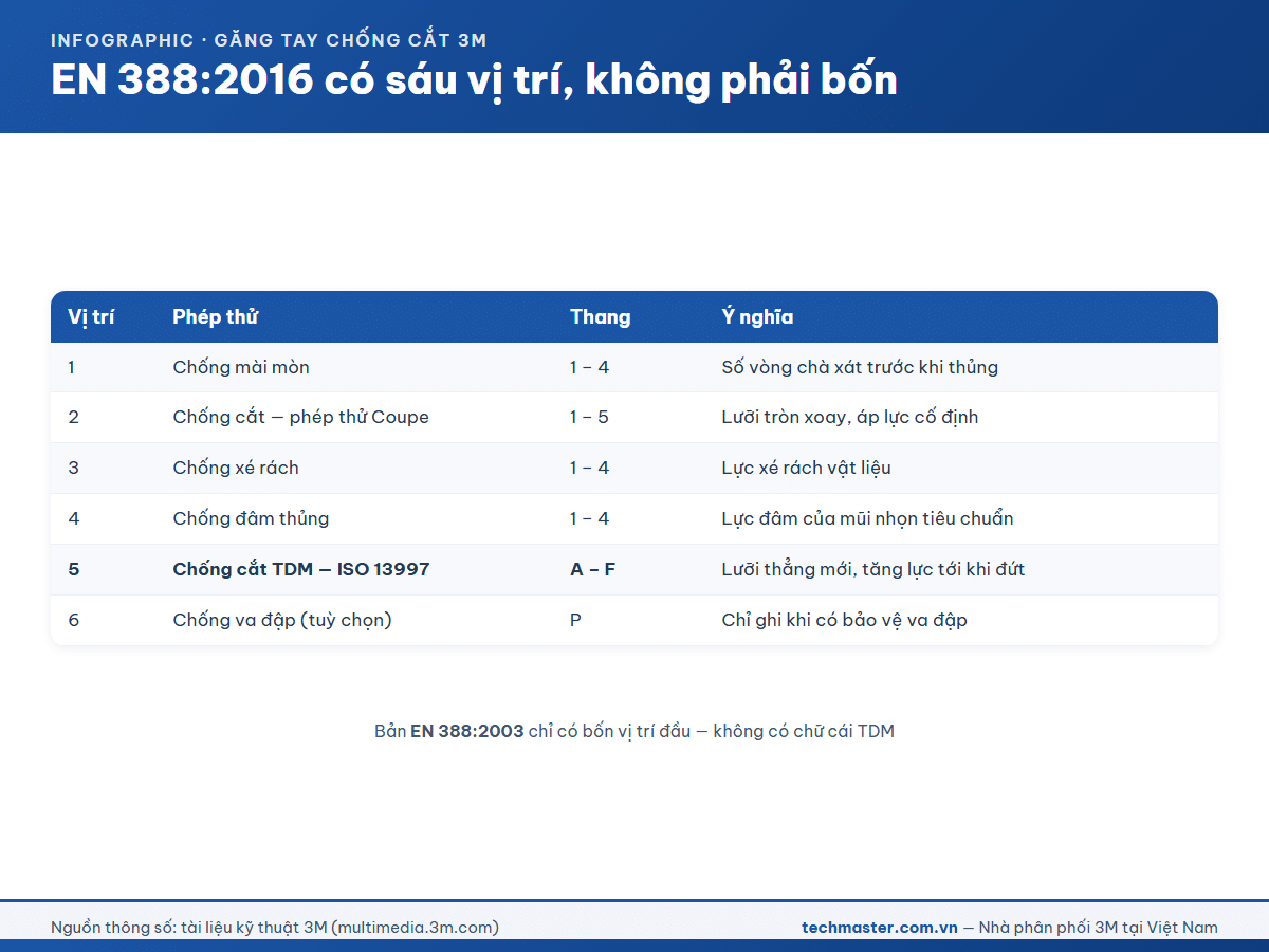 Infographic sáu vị trí của chuẩn EN 388:2016 trên nhãn găng tay bảo hộ