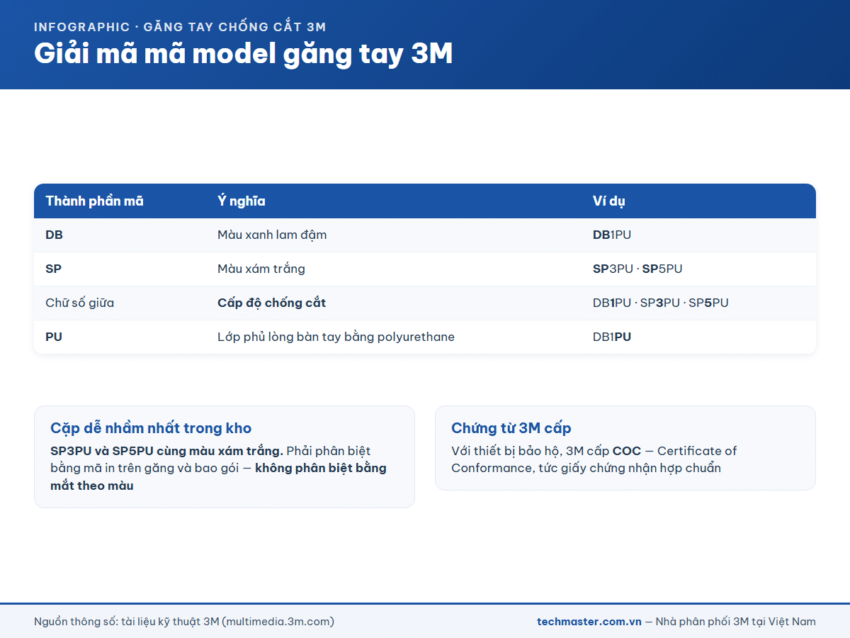 Infographic giải mã mã model găng tay 3M DB1PU, SP3PU và SP5PU