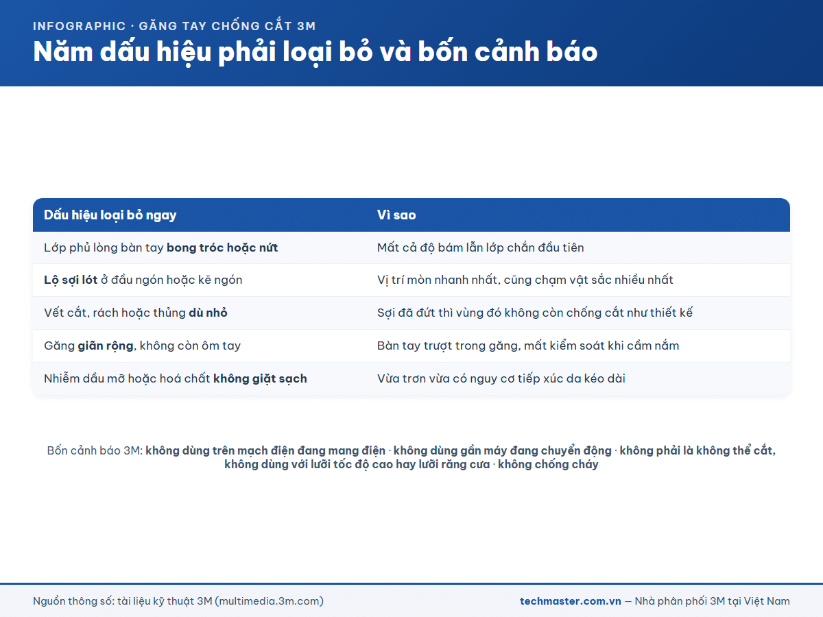 Infographic năm dấu hiệu phải loại bỏ găng chống cắt và bốn cảnh báo của 3M