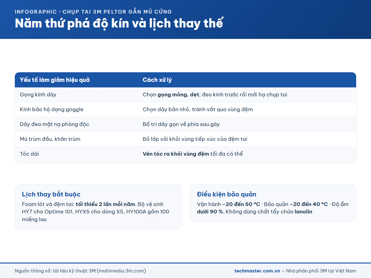 Infographic năm yếu tố phá độ kín đệm tai và lịch thay thế phụ kiện chụp tai 3M