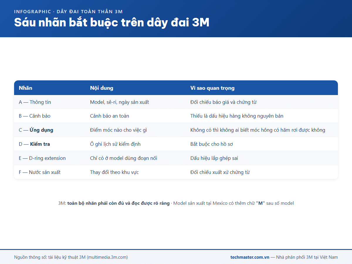 Infographic sáu nhãn bắt buộc phải có trên dây đai an toàn 3M chính hãng