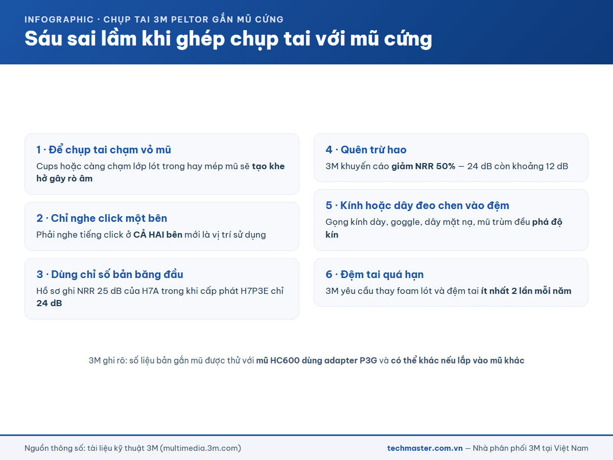 Infographic sáu sai lầm thường gặp khi ghép chụp tai 3M Peltor với mũ cứng