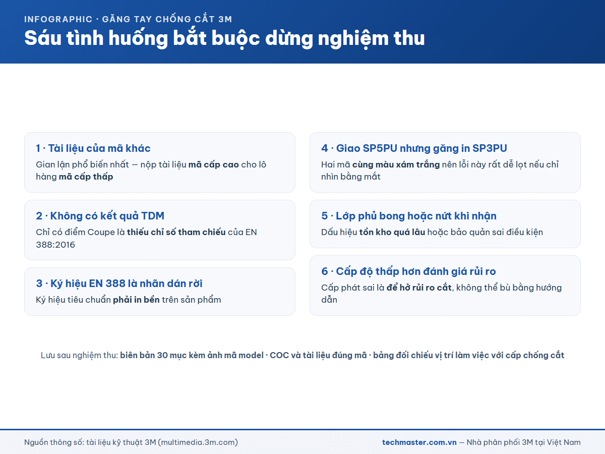 Infographic sáu tình huống bắt buộc dừng nghiệm thu găng tay chống cắt