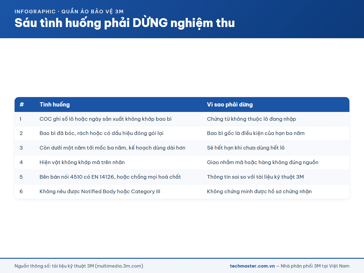 Infographic sáu tình huống phải dừng nghiệm thu lô quần áo bảo hộ 3M