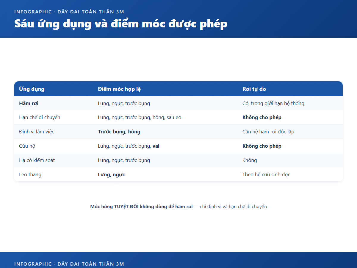 Infographic sáu ứng dụng và điểm móc được phép trên dây đai toàn thân 3M