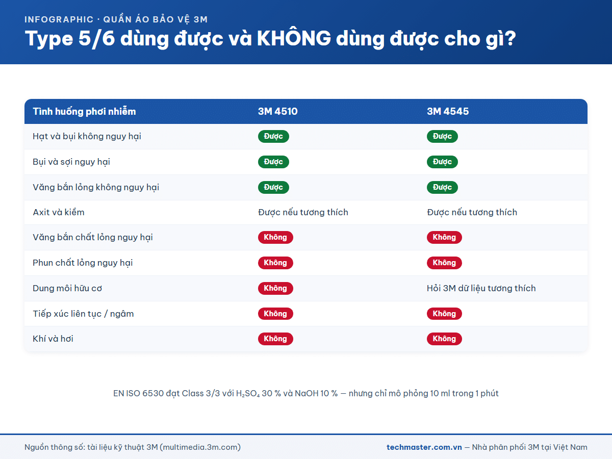 Infographic quần áo Type 5/6 dùng được và không dùng được cho tình huống nào