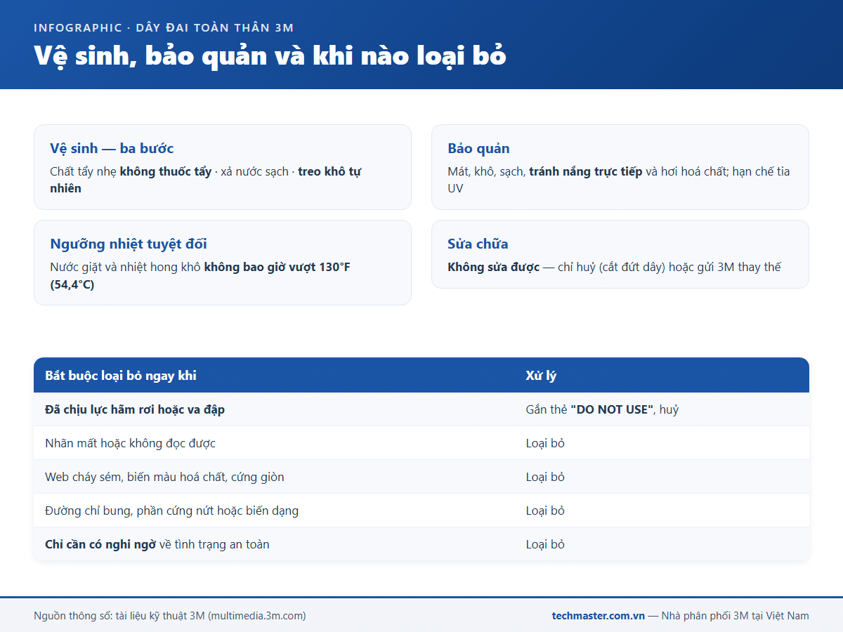 Infographic vệ sinh, bảo quản và các trường hợp loại bỏ dây đai 3M