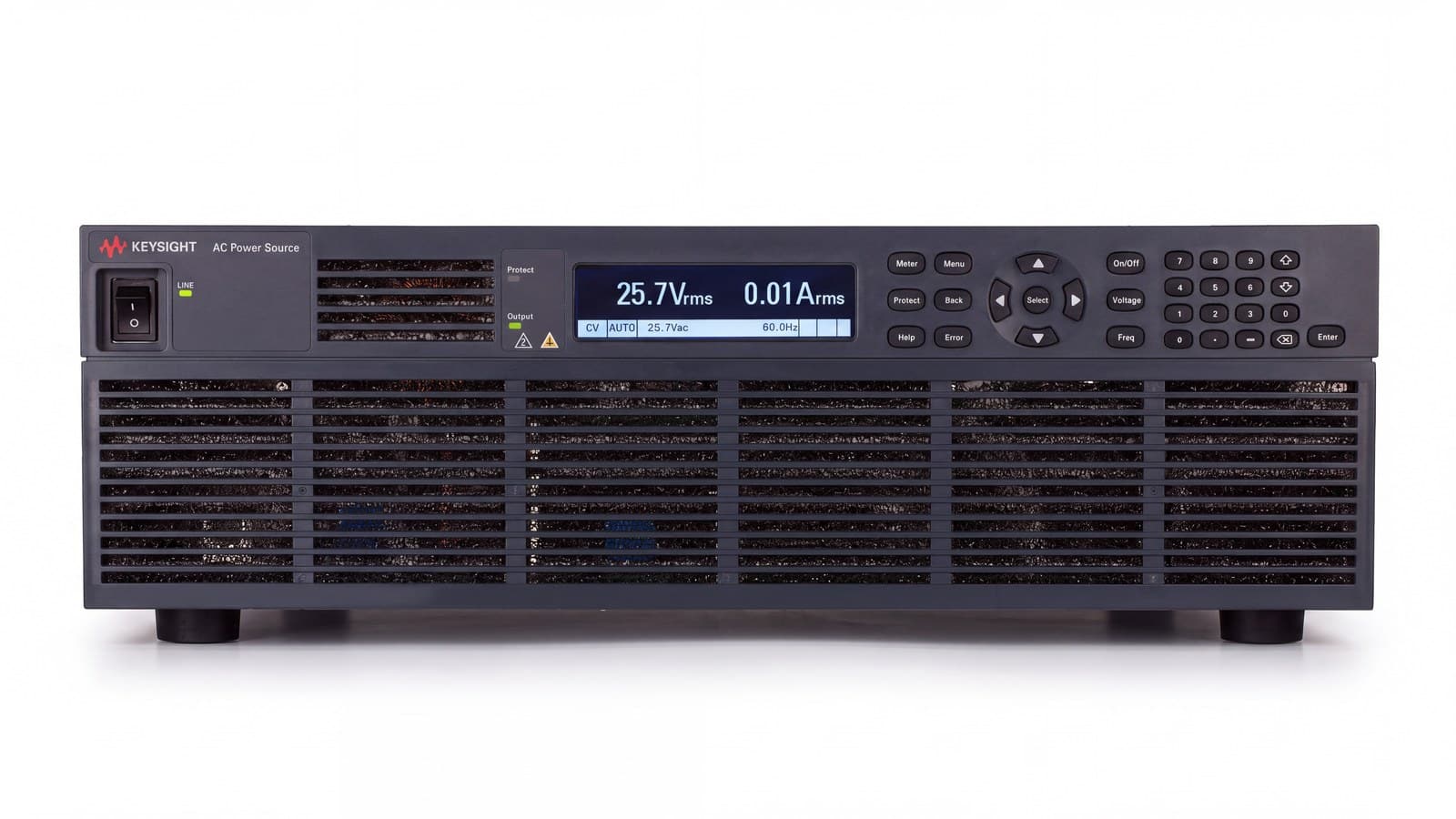 Mặt trước Keysight AC6803B hiển thị 25,7 Vrms và 0,01 Arms cùng bàn phím số