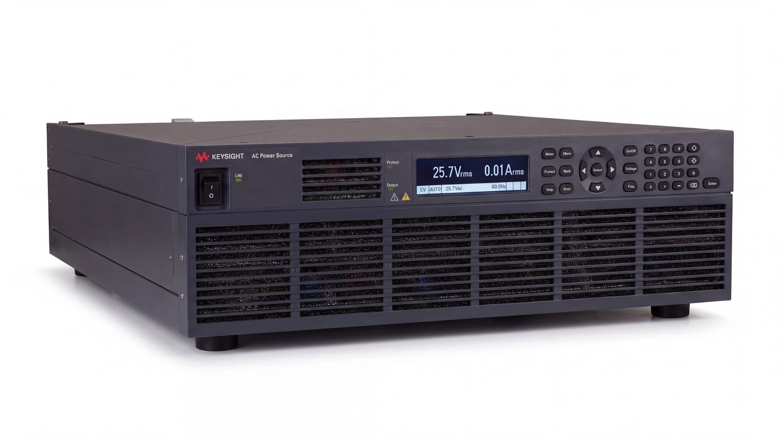 Bộ nguồn AC Keysight AC6803B nhìn phối cảnh với tai rack và dải tản nhiệt mặt trước