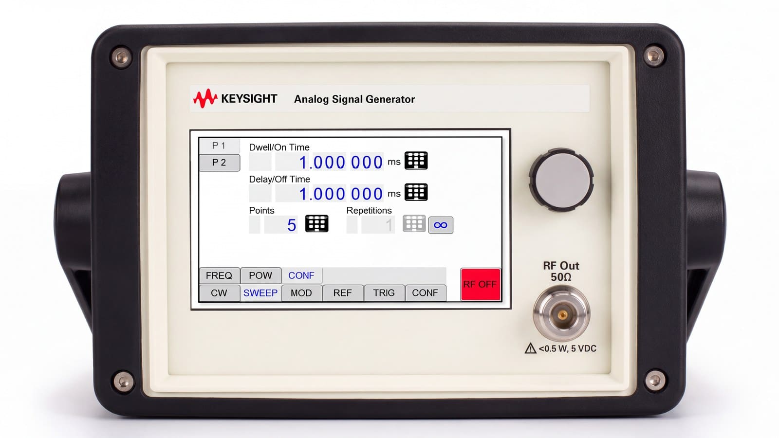 Mặt trước Keysight AP5001A với màn hình cảm ứng LCD, núm xoay và cổng RF Out 50 Ω