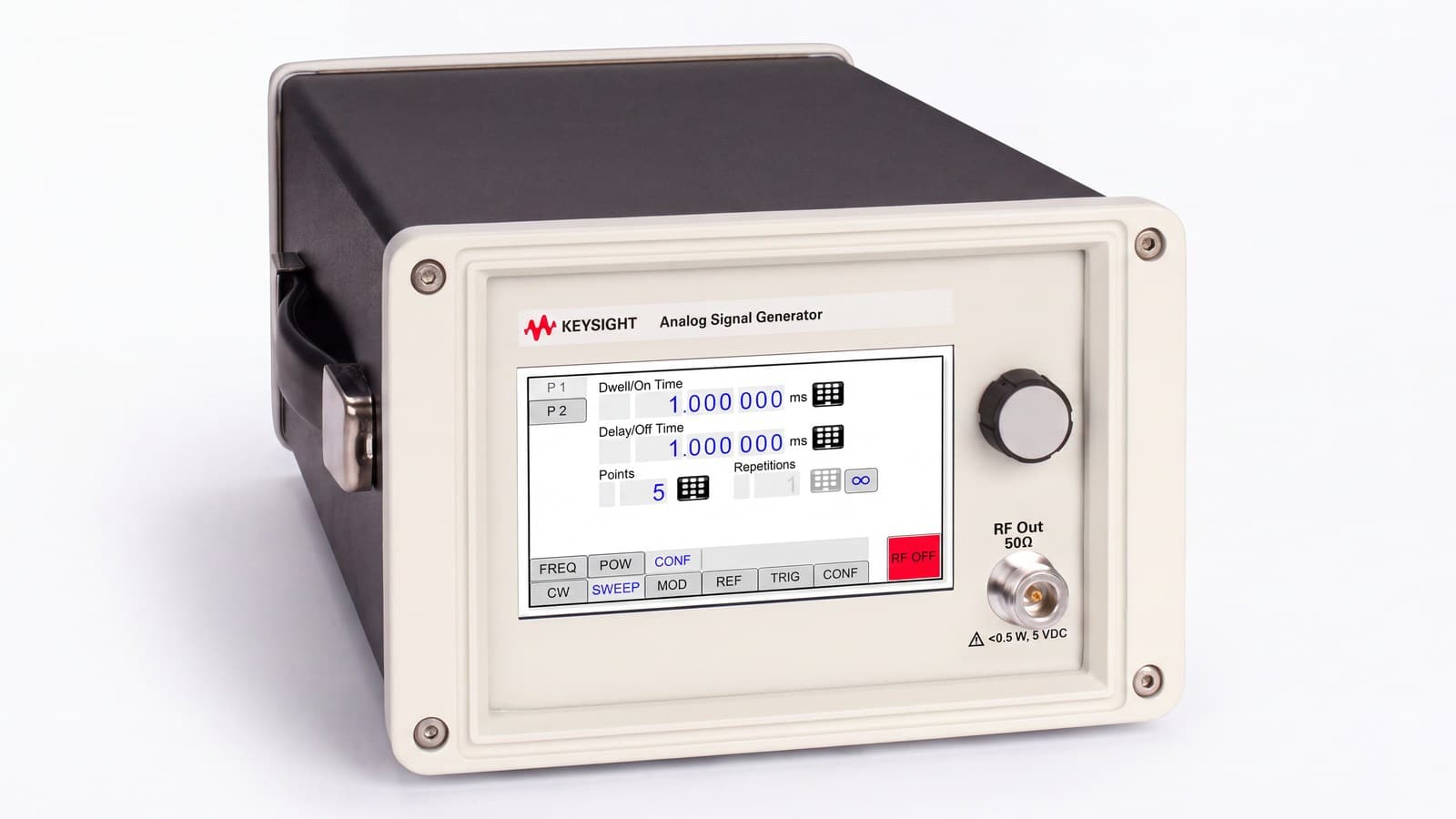 Máy phát tín hiệu analog Keysight AP5001A nhìn phối cảnh, thấy tay xách bên hông