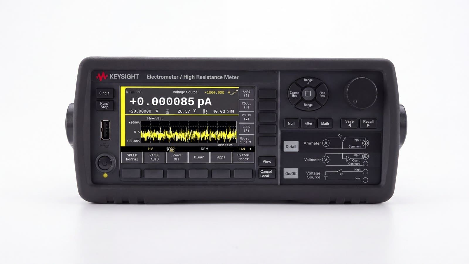 Mặt trước máy đo điện trở cao Keysight B2985C với màn hình 4,3 inch hiển thị số đọc picoampere