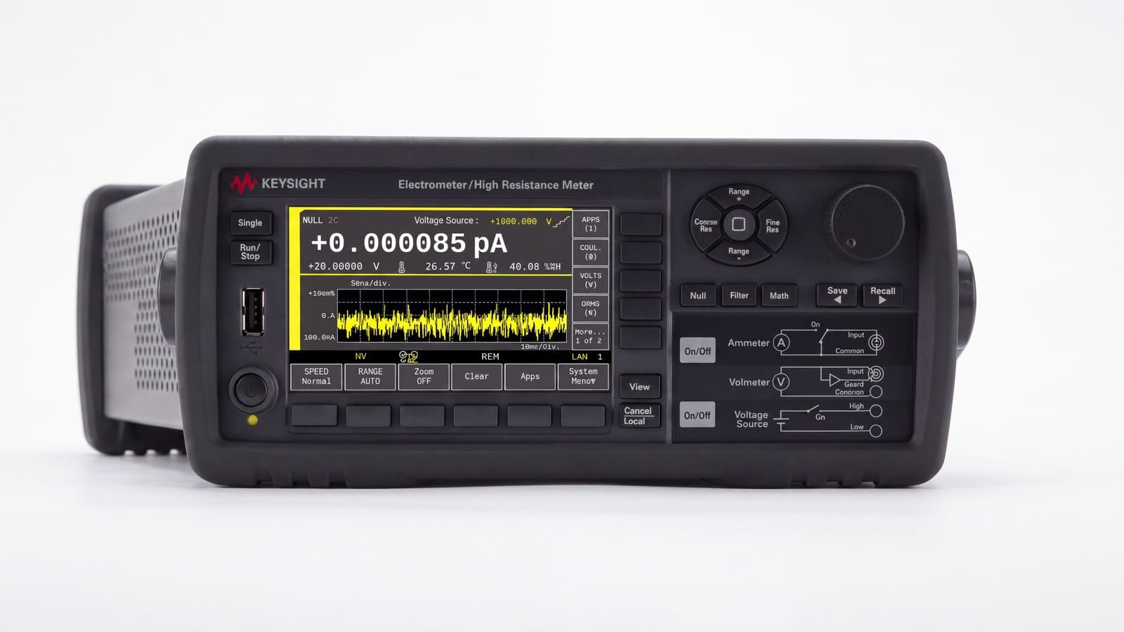 Máy đo điện trở cao Keysight B2985C nhìn phối cảnh với chân đỡ nghiêng mở