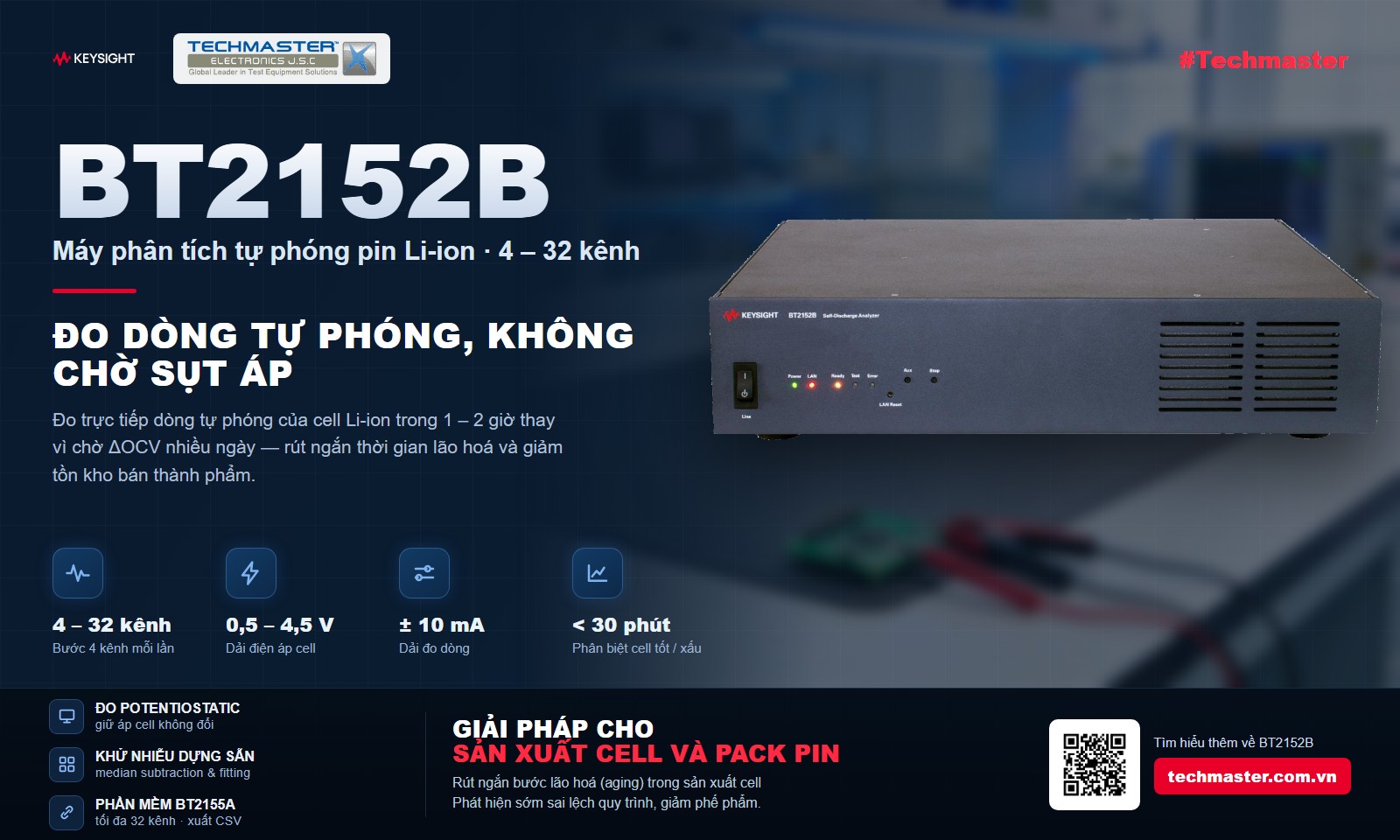 Đo tự phóng pin Li-ion bằng máy phân tích Keysight BT2152B 4–32 kênh