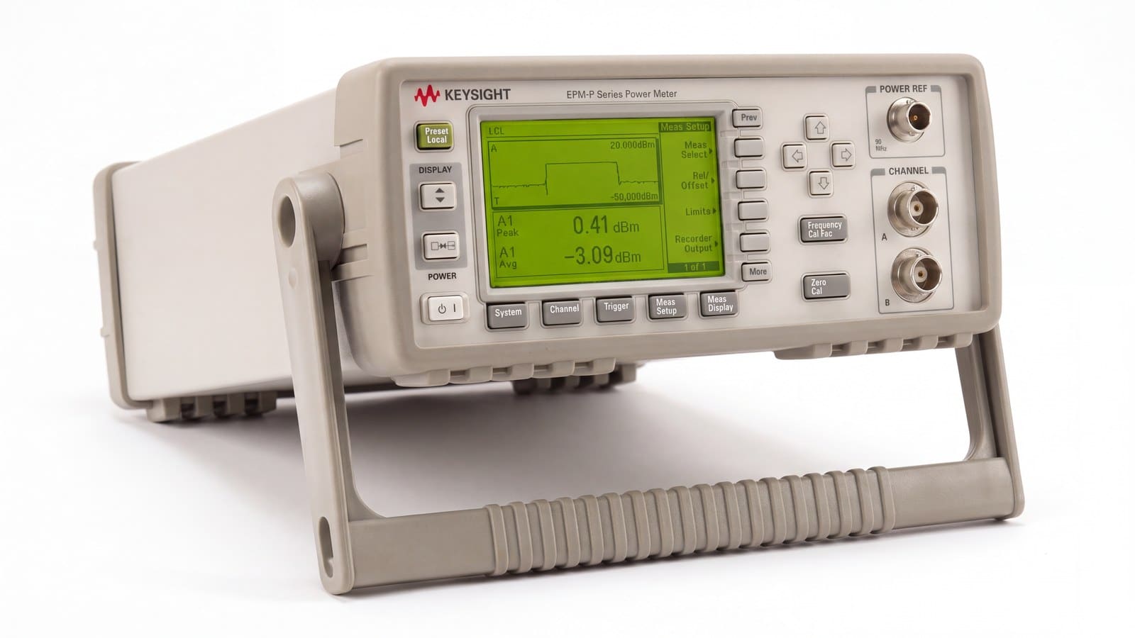 Keysight E4417A — máy đo công suất RF Keysight chụp góc 3/4 trên nền trắng studio