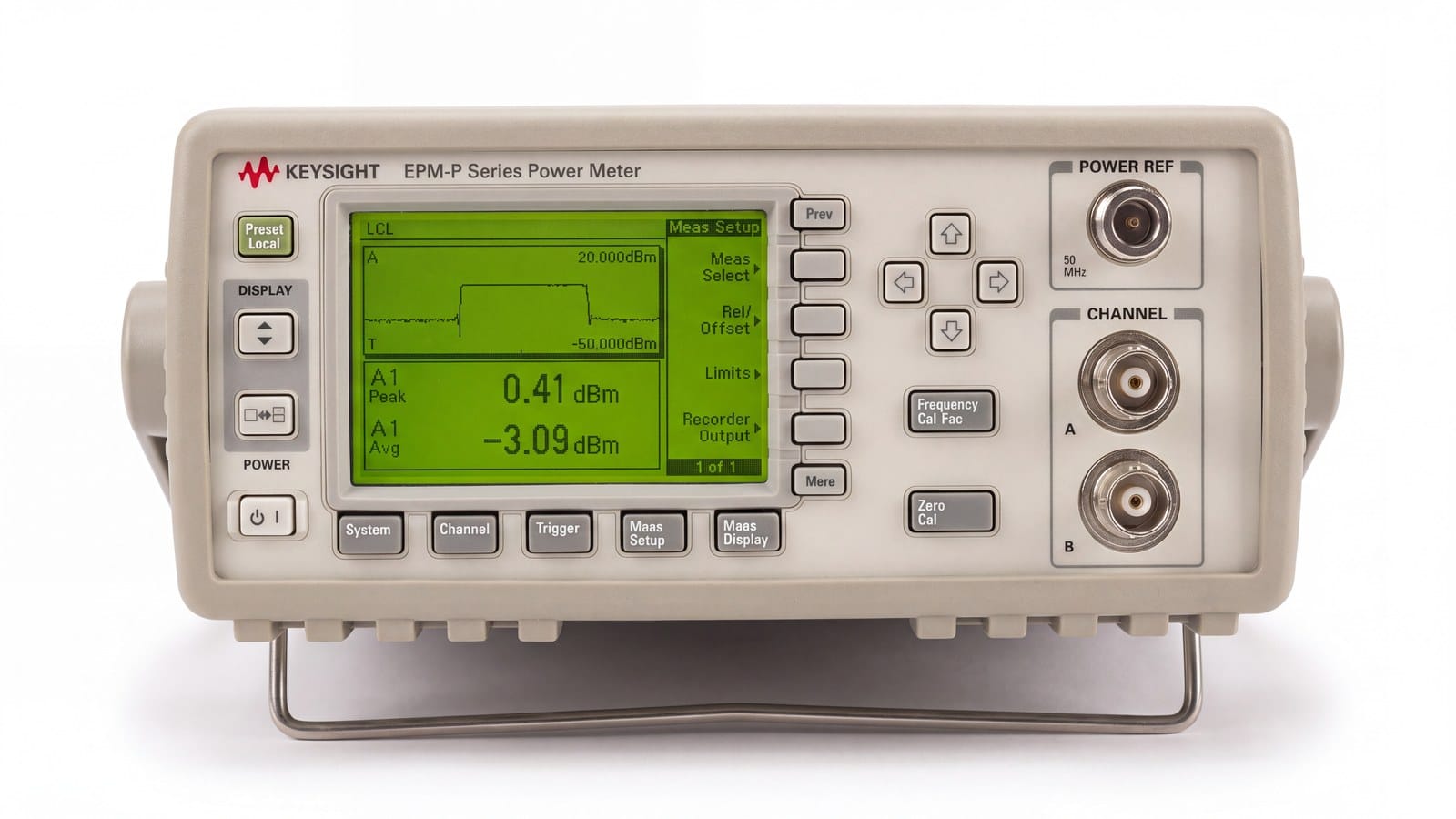 Mặt trước máy đo công suất RF Keysight E4417A với màn hình LCD và hai cổng cảm biến