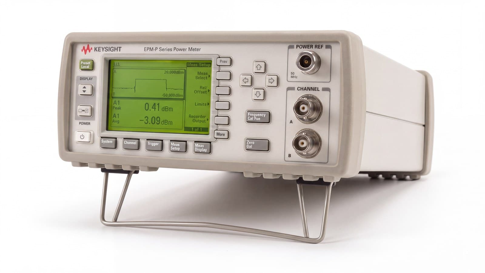 Máy đo công suất RF Keysight E4417A nhìn phối cảnh, thấy rõ chân đỡ nghiêng và thân máy