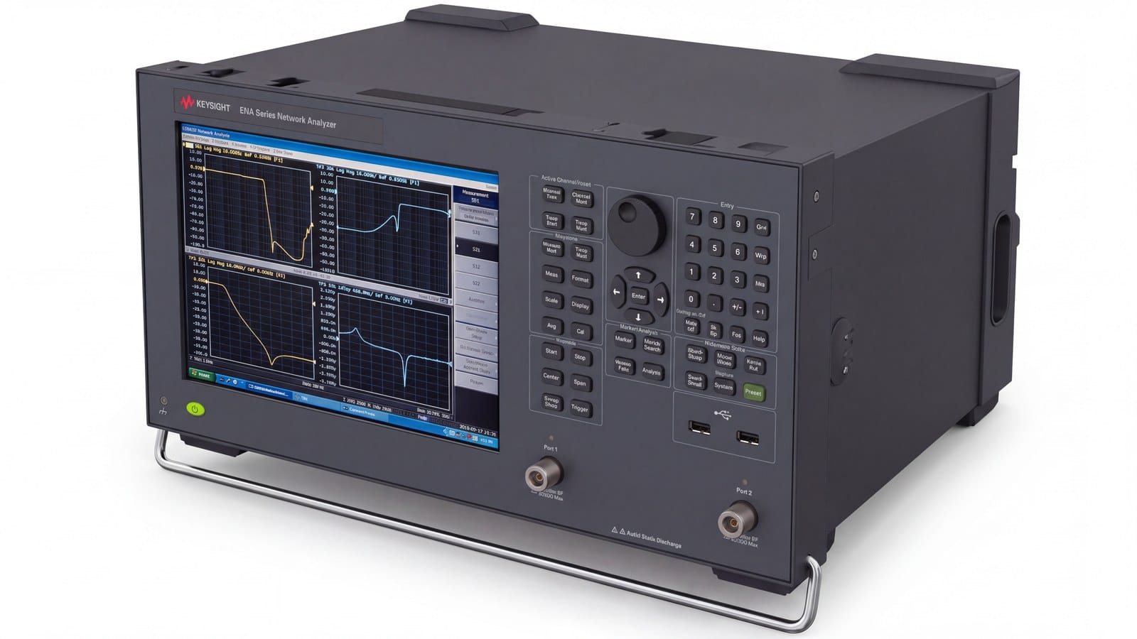 Máy phân tích mạng vector Keysight E5063A nhìn phối cảnh với chân chống và hai cổng đo