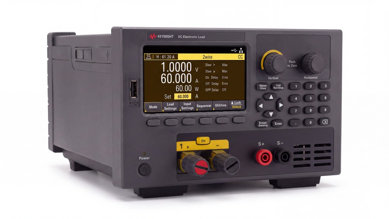 Keysight EL34143A — tải điện tử DC Keysight chụp góc 3/4 trên nền trắng studio