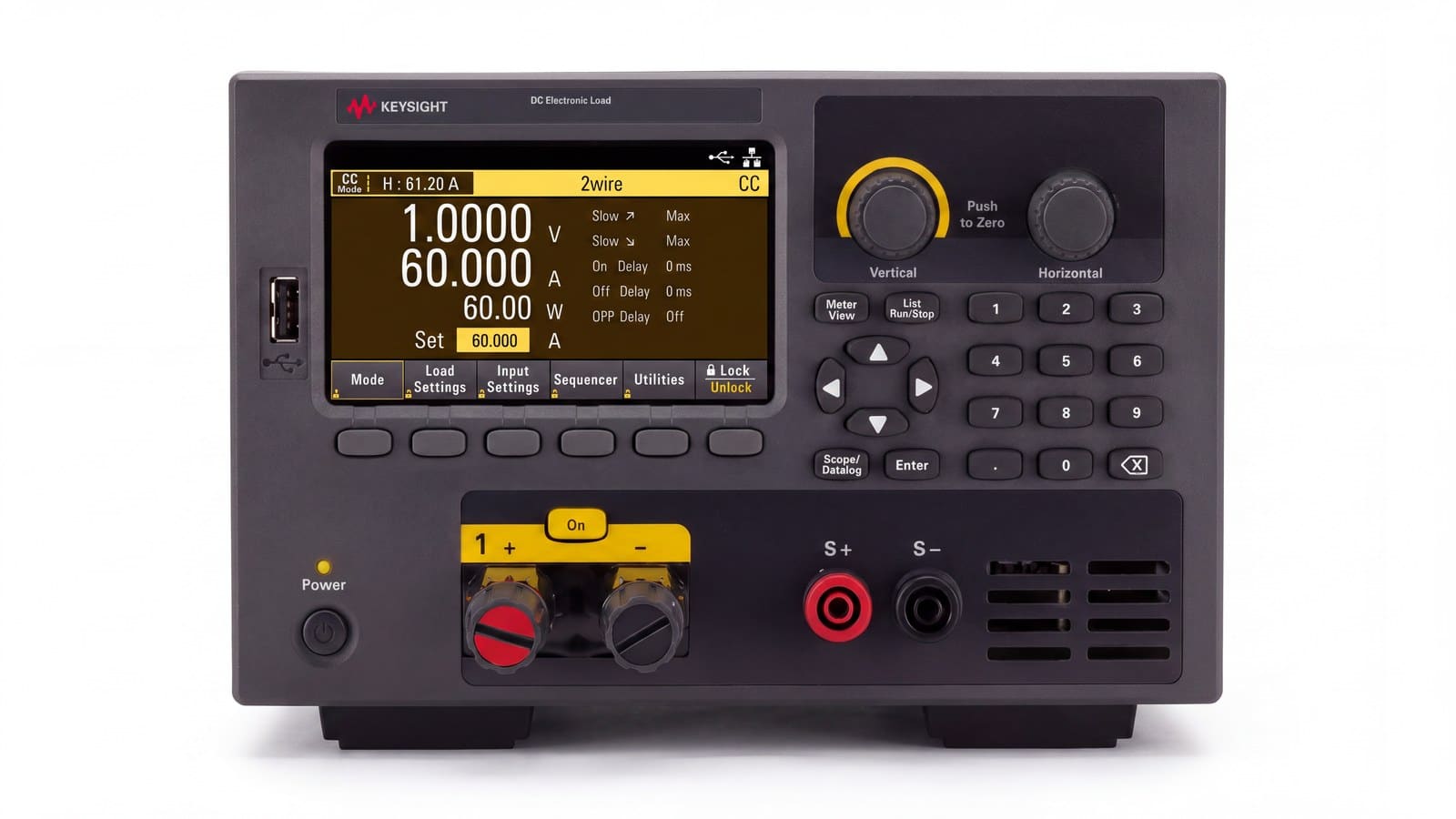 Mặt trước Keysight EL34143A với màn hình màu, bàn phím số và cọc đấu vào màu vàng