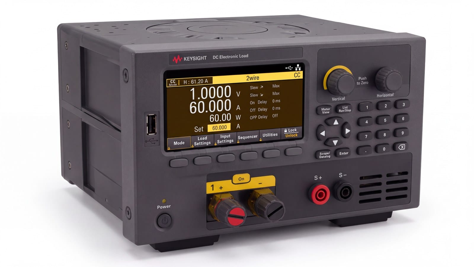 Tải điện tử DC Keysight EL34143A nhìn phối cảnh, thấy rõ chiều sâu thân máy và khe tản nhiệt
