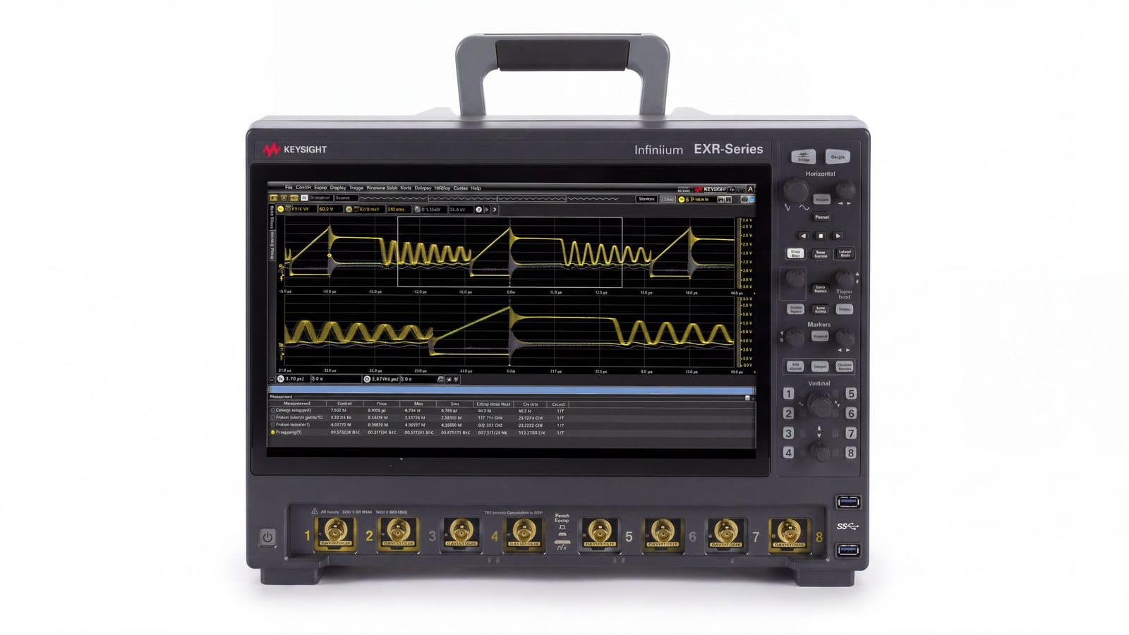 Mặt trước Keysight EXR058A với màn hình 15,6 inch và tám đầu vào BNC