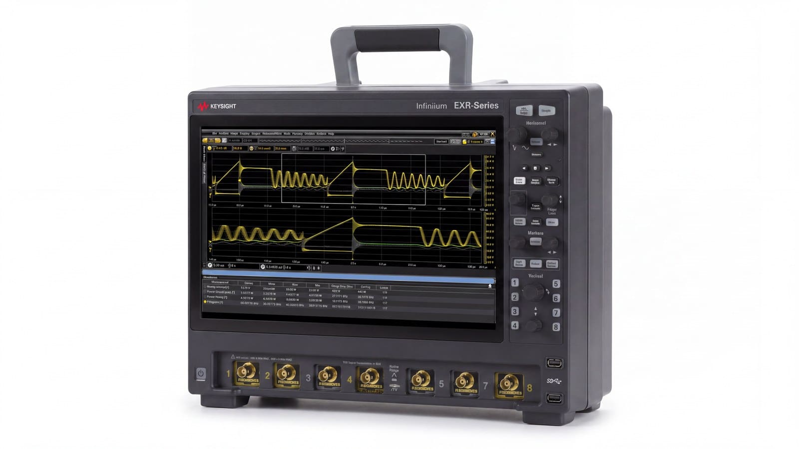 Máy hiện sóng EXR-Series Keysight EXR058A nhìn phối cảnh, thấy rõ chiều sâu thân máy và tay xách