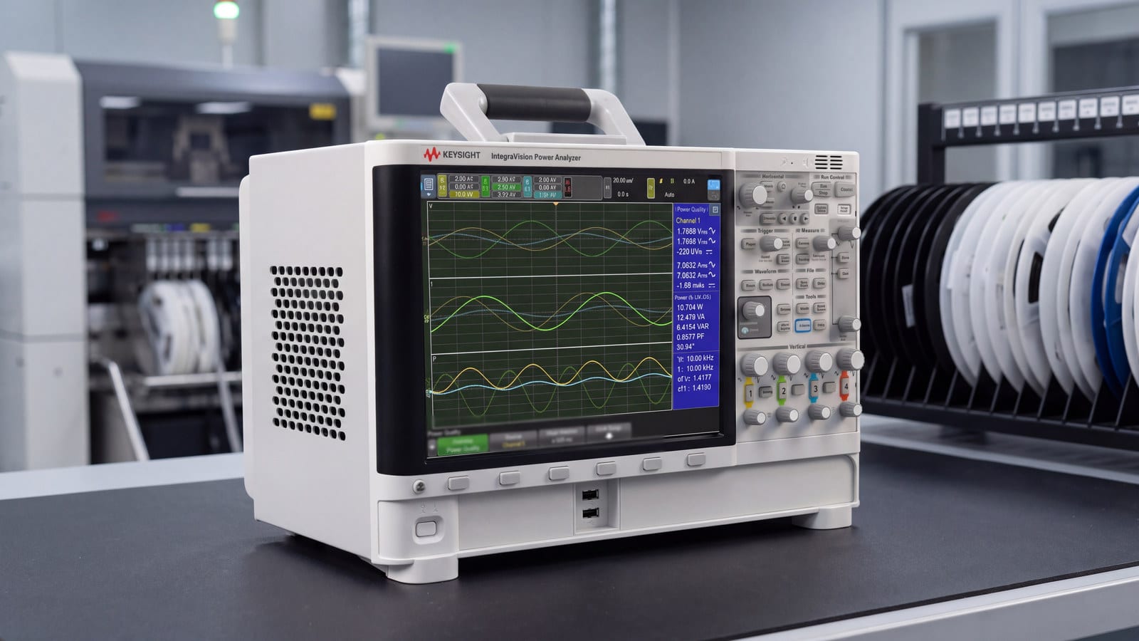 Máy phân tích công suất Keysight IntegraVision tại khu vực kiểm tra của nhà máy điện tử