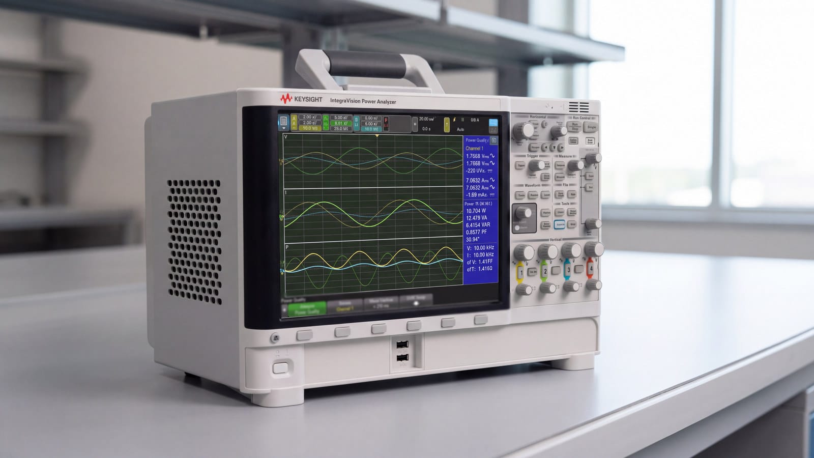 Máy phân tích công suất Keysight IntegraVision PA2203A đặt trên bàn thí nghiệm điện tử công suất