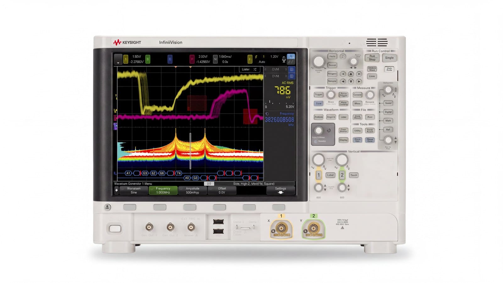 Mặt trước Keysight MSOX6002A với màn hình cảm ứng 12,1 inch và hai kênh analog